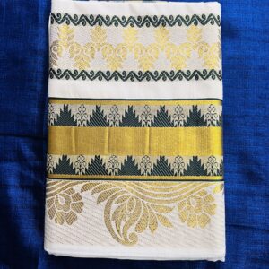 Kerala Traditional set saree with green temple design and rich pallu