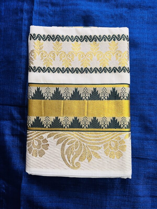 Kerala Traditional set saree with green temple design and rich pallu