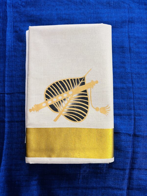 Kerala Traditional tissue mural print saree (bodhi leaf and flute)