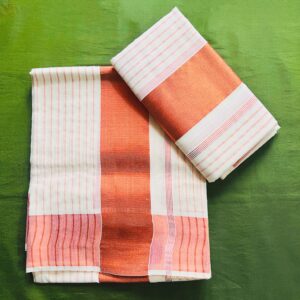 Kerala Set Mundu with copper border and stripes