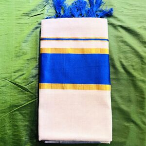 Kerala Kasavu saree with Royal blue border and tussels