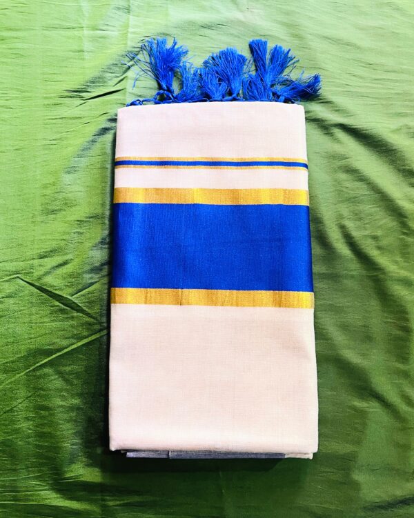Kerala Kasavu saree with Royal blue border and tussels