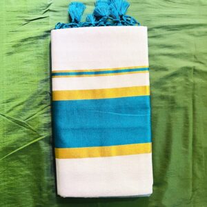 Kerala Kasavu saree with Peacock blue border and tussels