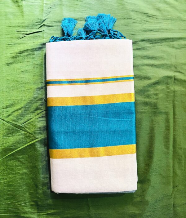 Kerala Kasavu saree with Peacock blue border and tussels