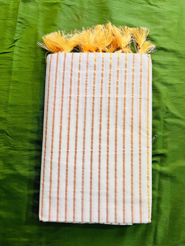 Kerala soft cotton saree with golden stripes and tussels
