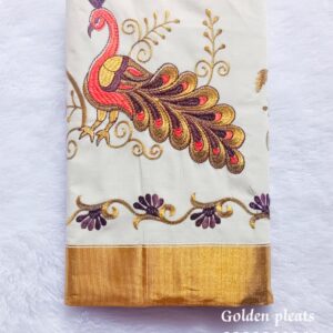 Kerala saree with peacock embroidery