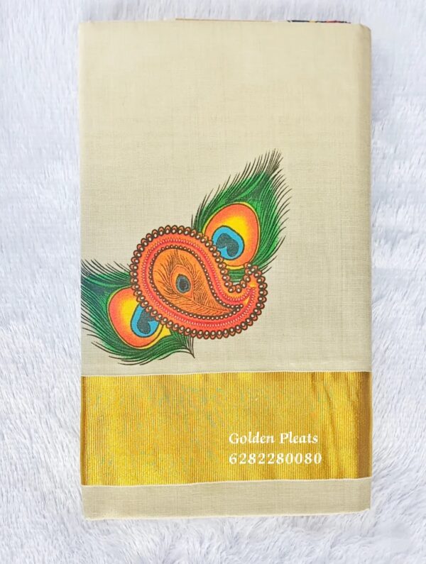 KERALA TRADITIONAL SAREE WITH MANGA MOTIF AND PEACOCK FEATHER THROUGH OUT BORDER