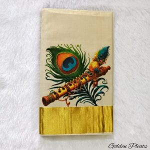 Kerala Kasavu saree - mural print of Lord Krishna's flute and a peacock feather
