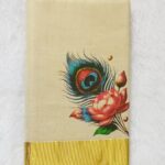 Kerala Kasavu saree -printed peacock feather and lotus motif