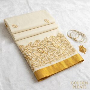 Kerala cotton kasavu saree with cate golden leaf embroidery